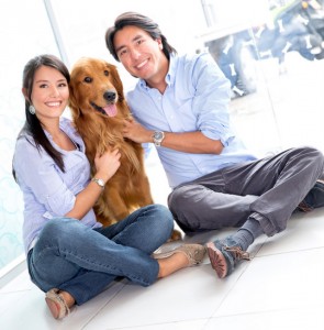 Couple taking dog to the vet