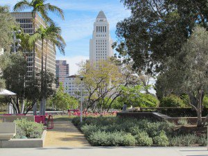 Grand Park Los Angeles view toward City Hall courtesy of PKM via Wikimedia Commons