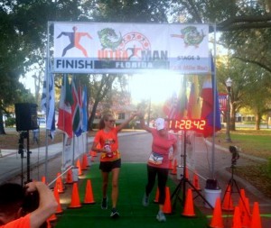 Cindy, right, and her daughter Brittany cross the finish line of the Ultraman together.