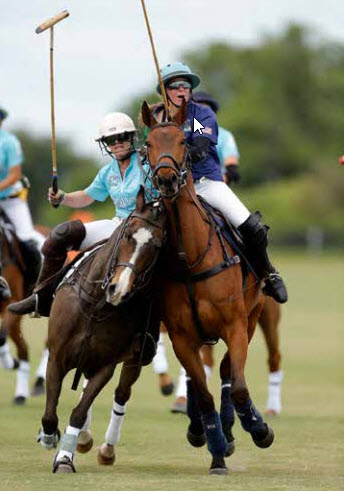Anja Jacobs riding Power Ranger Red in a polo match