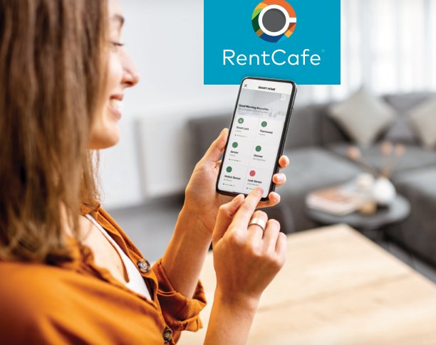 Renter using RentCafe Home IQ smart home tech on her phone