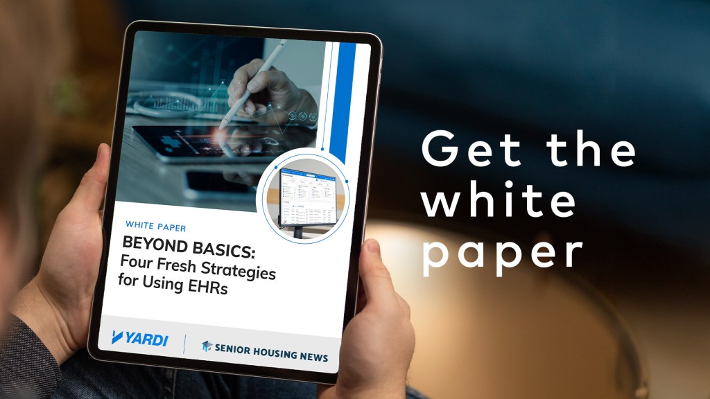Hand holding a smartphone that reads "BEYOND BASICS: Four Fresh Strategies for Using EHRs," with text to the side: "Get the white paper"