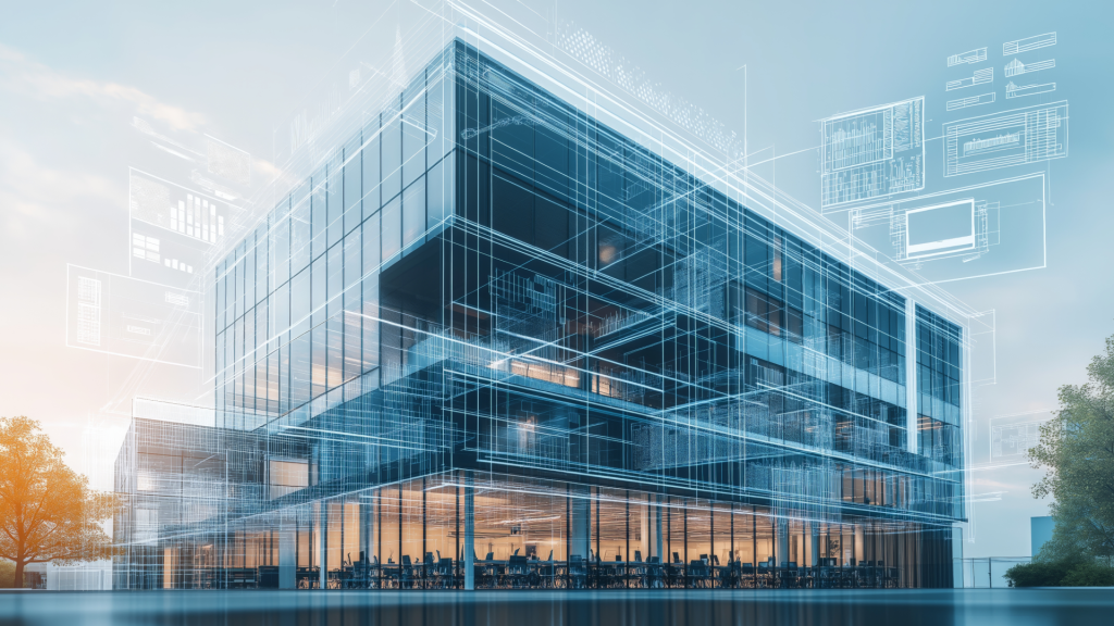Energy-efficient building with digital blueprint overlay and sustainability features