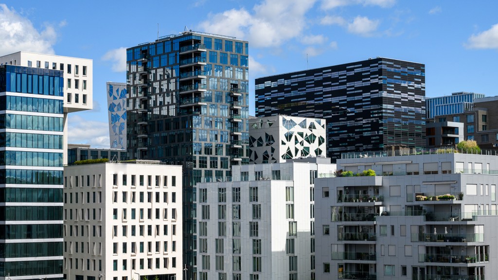 A cluster of tall buildings in a city