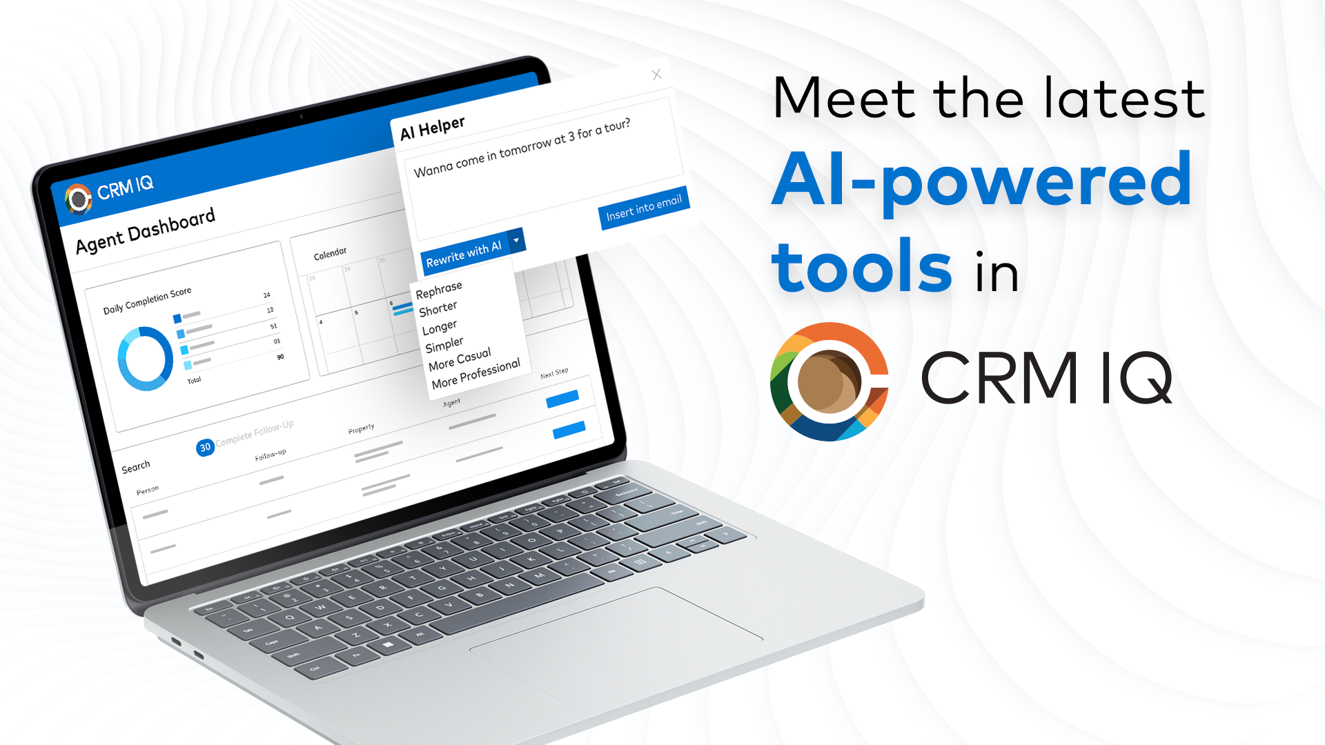 Meet the latest AI-powered tools in CRMIQ. Image of laptop with AI helper text box displayed.