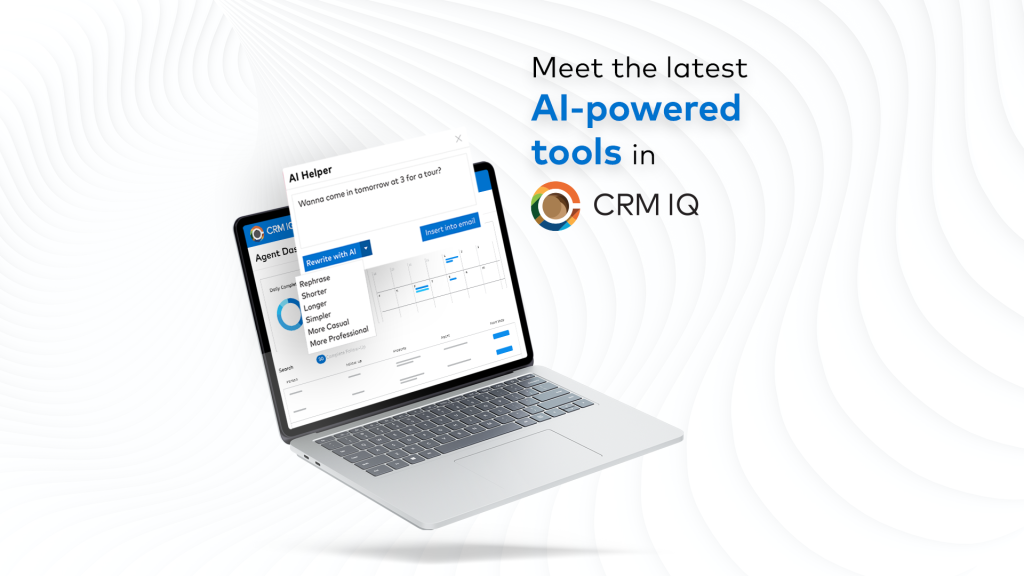 Meet the latest AI-powered tools in CRMIQ. Image of laptop with AI helper text box displayed.