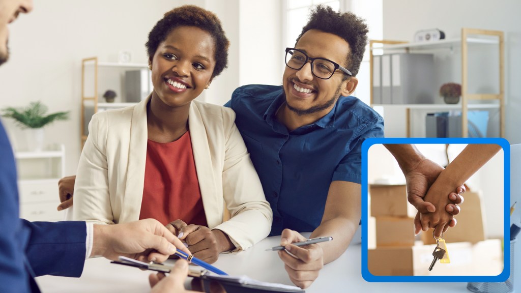 Photo of a man and woman renting a housing unit with a closeup of their hands holding keys.