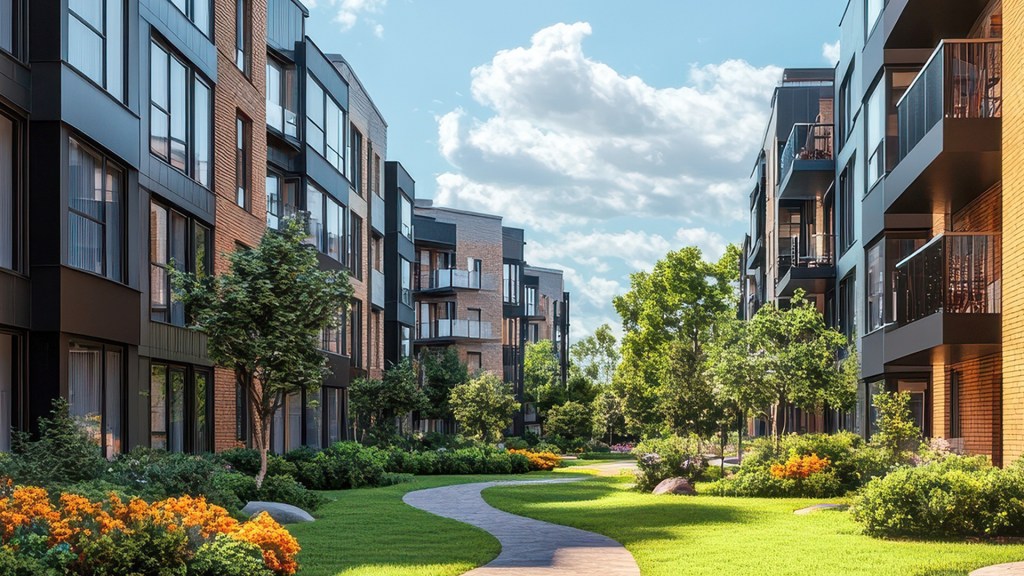 Rows of commercial buildings surrounding green landscaped grounds