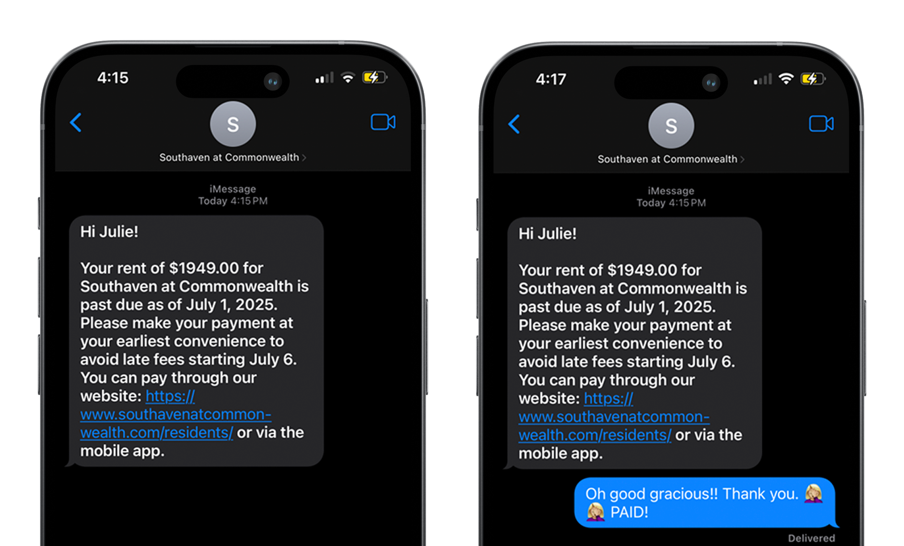 Screenshots of RentCafe Chat IQ conversation