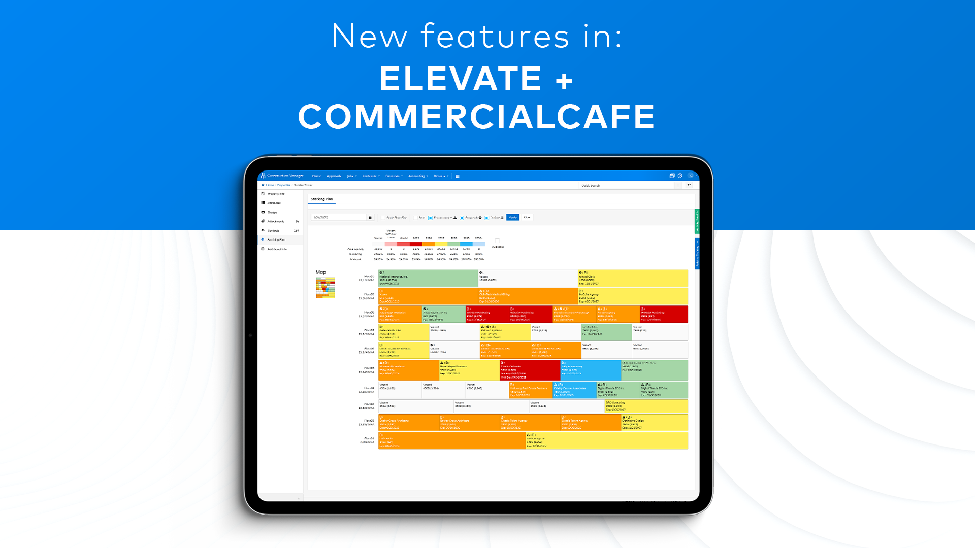 Tablet showing commercial property management software. Text reads: "New features in Elevate + CommercialCafe"