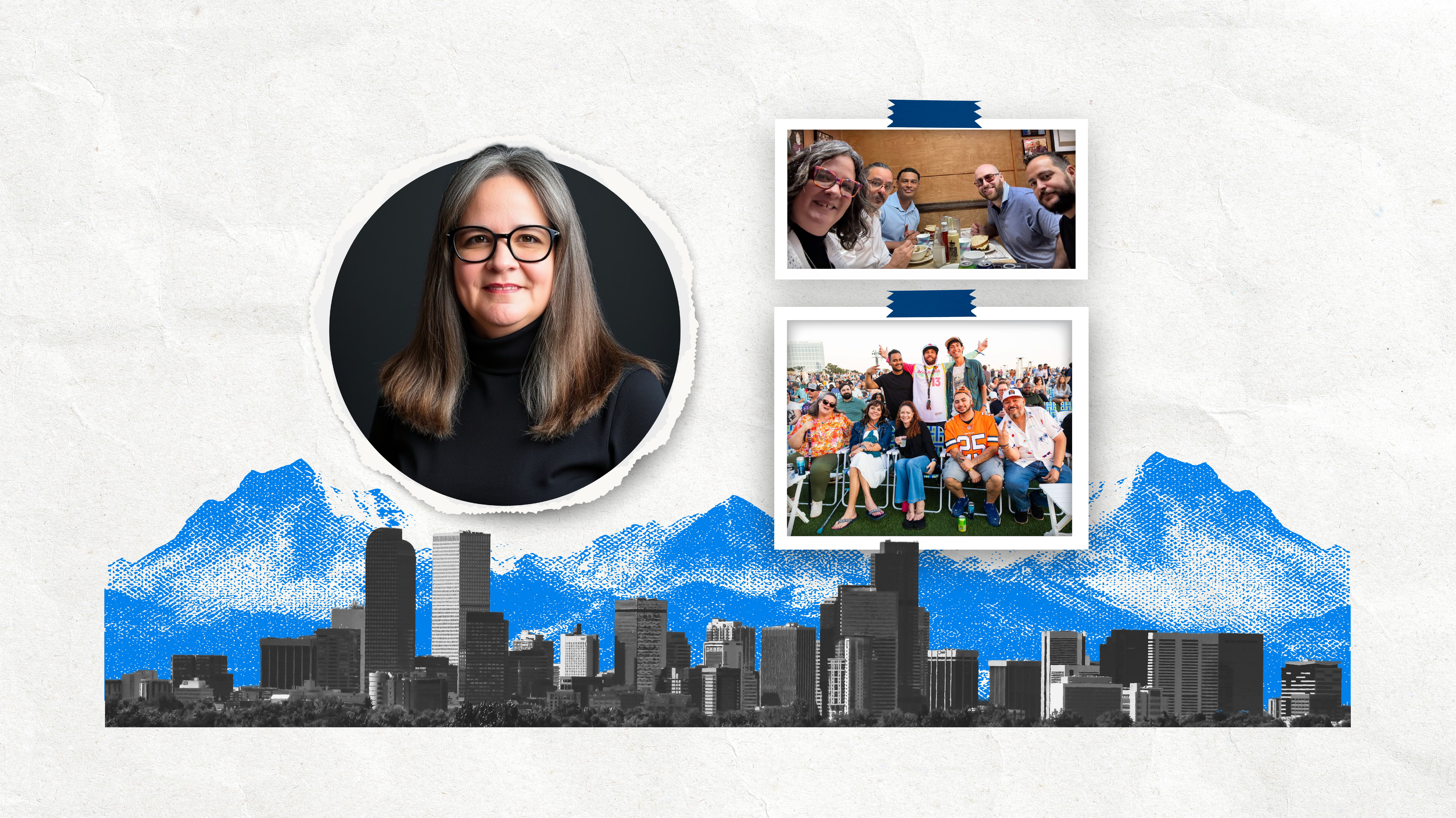 A compilation of images representing Yardi employee Jeanette Porter’s story, including images of herself with colleagues, pottery work and her hometown in Colorado