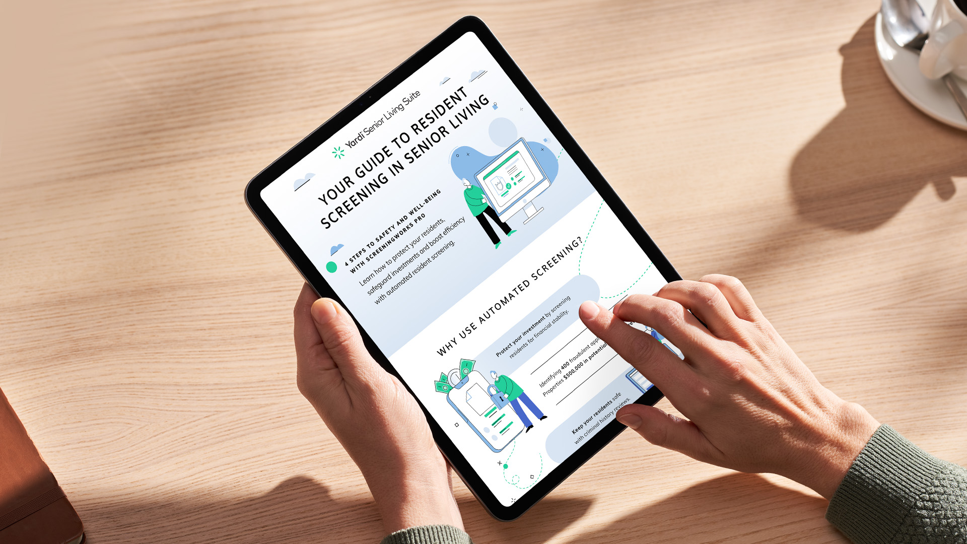 Image of tablet with senior living resident screening infographic on it