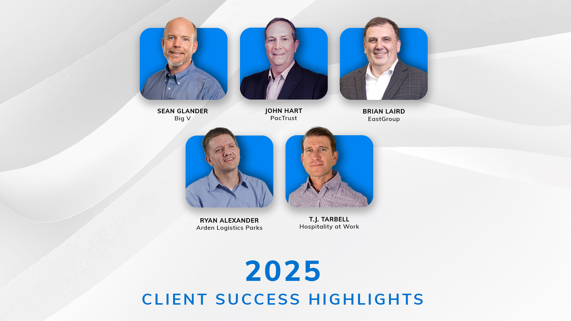 2025 client success highlights: five headshots of Yardi clients