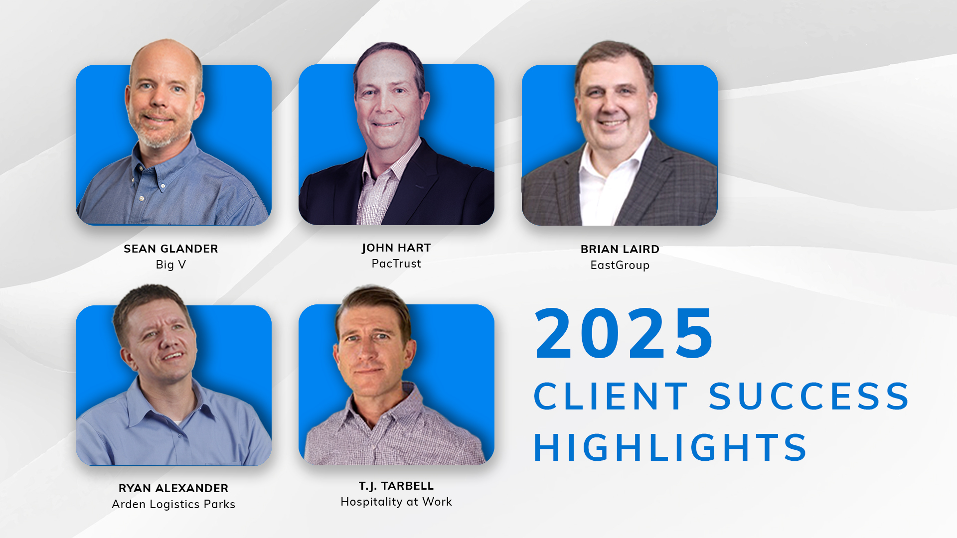 2025 client success highlights: five headshots of Yardi clients