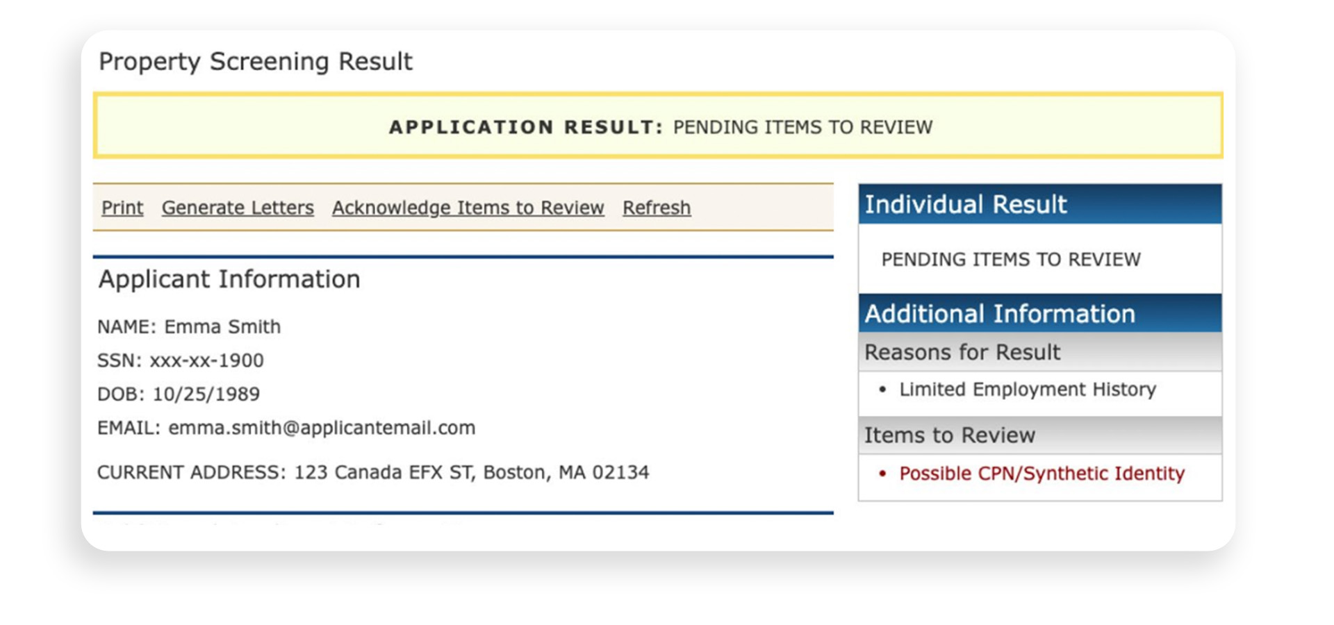 Fraud screening screenshot