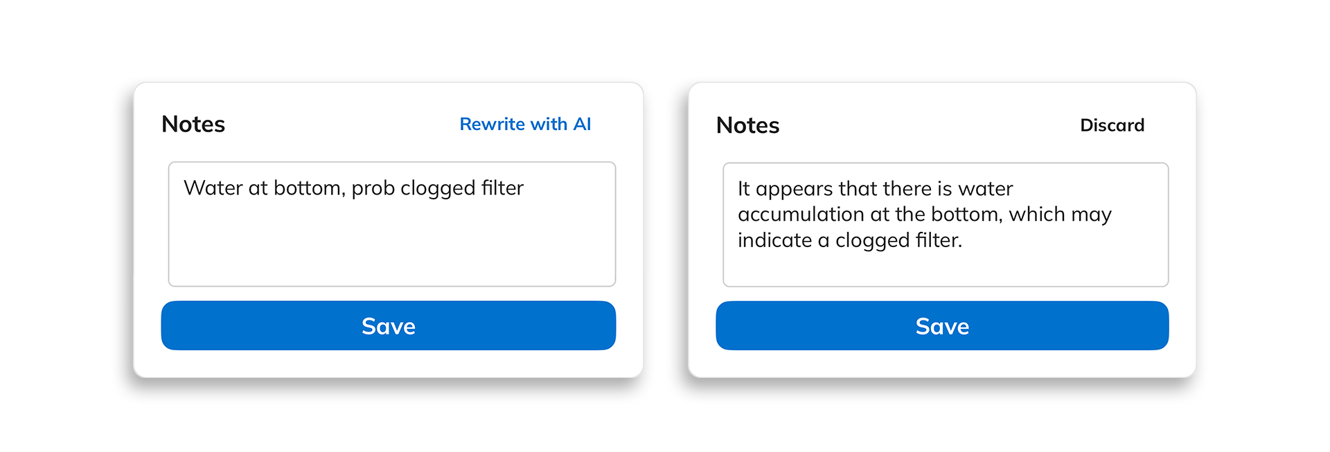 Maintenance IQ showing AI rewriting a technician’s notes, transforming a brief message about a clogged filter into a polished, professional description.