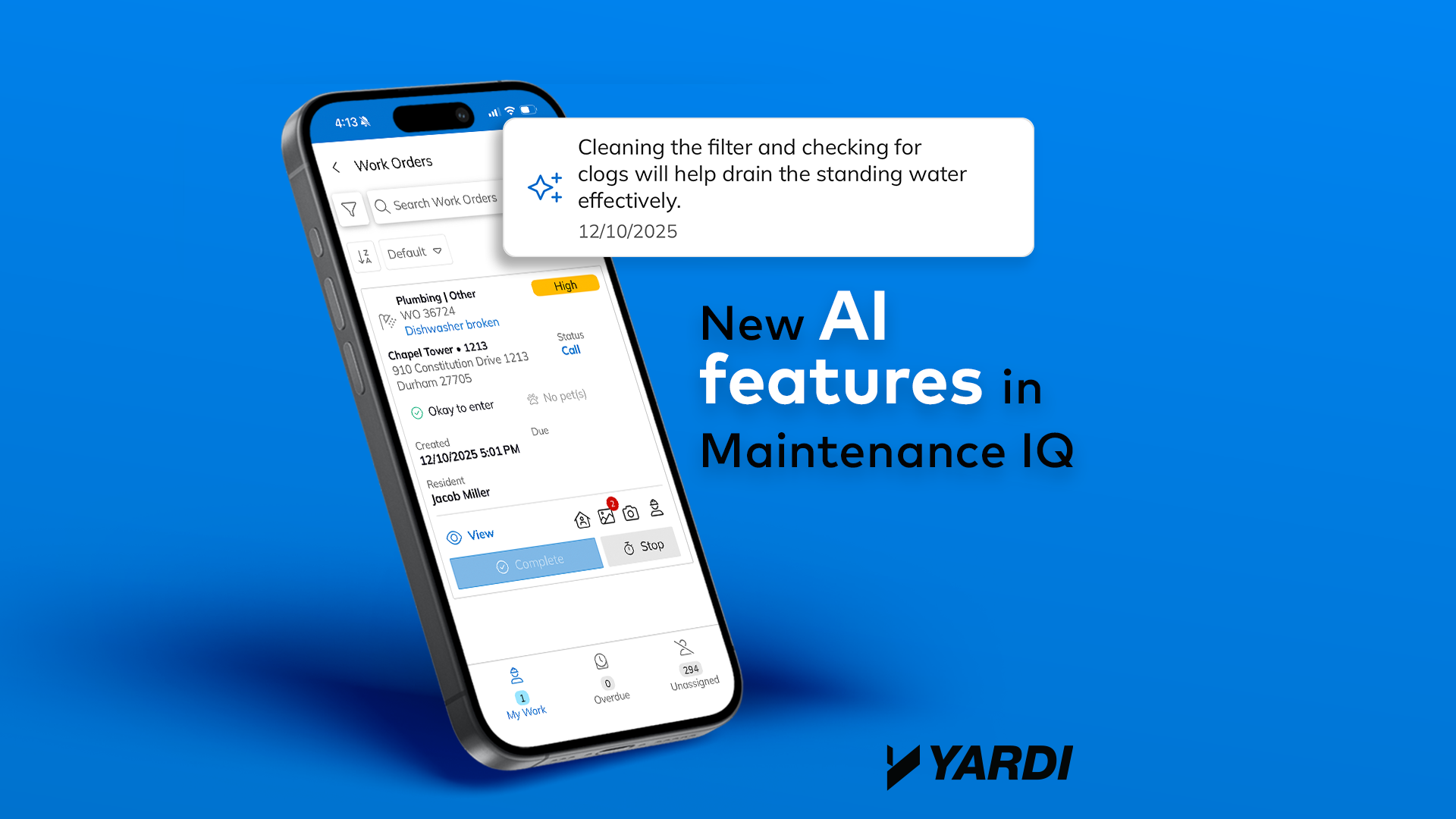 Maintenance IQ mobile app showing an AI-generated work order note with text promoting new AI features for maintenance teams.