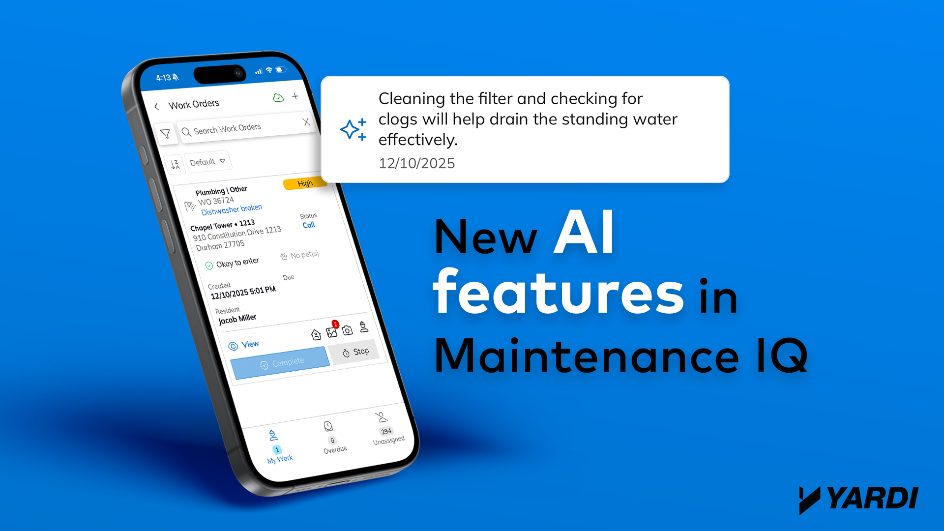 Maintenance IQ mobile app showing an AI-generated work order note with text promoting new AI features for maintenance teams.