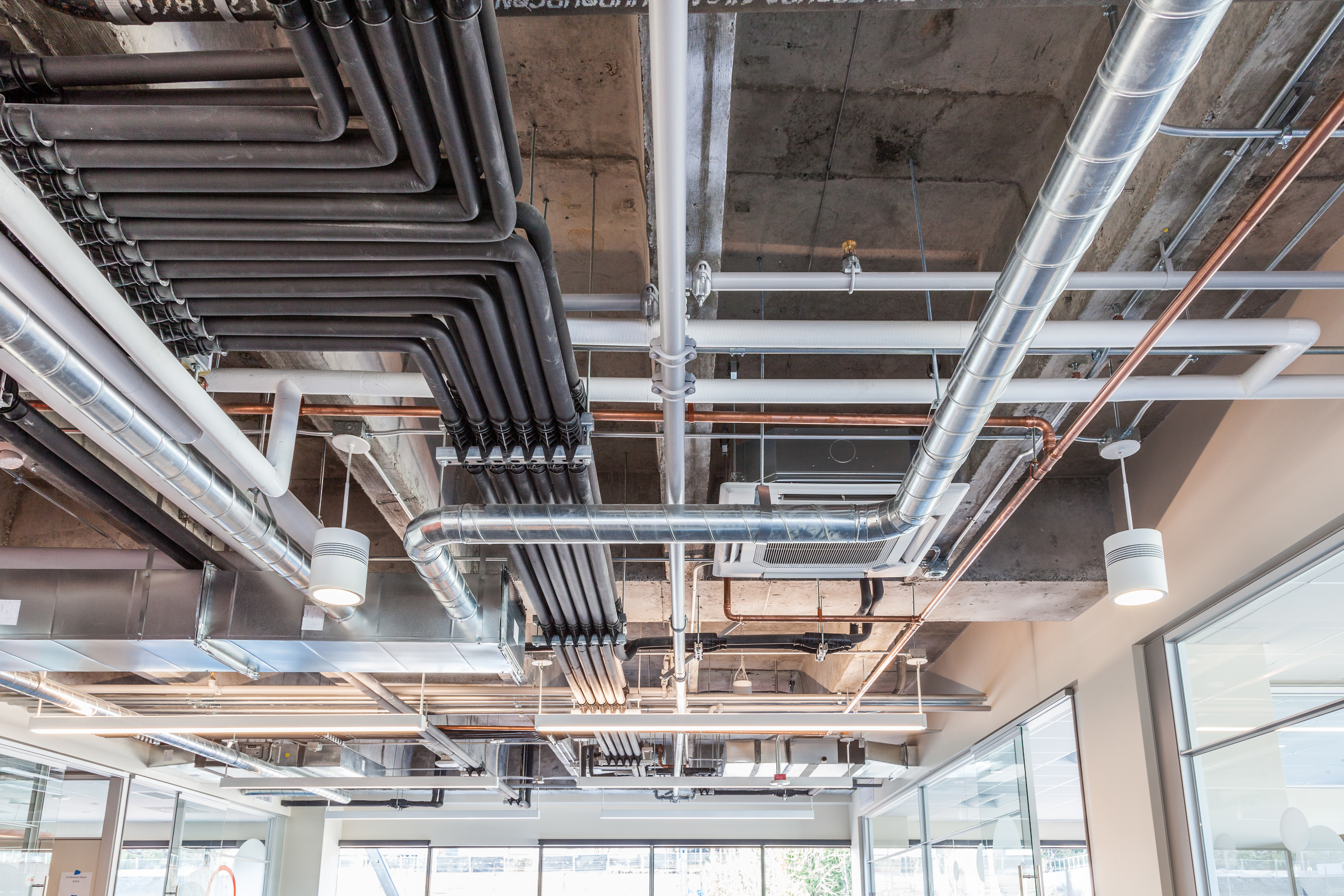 Industrial building overhead pipes and HVAC