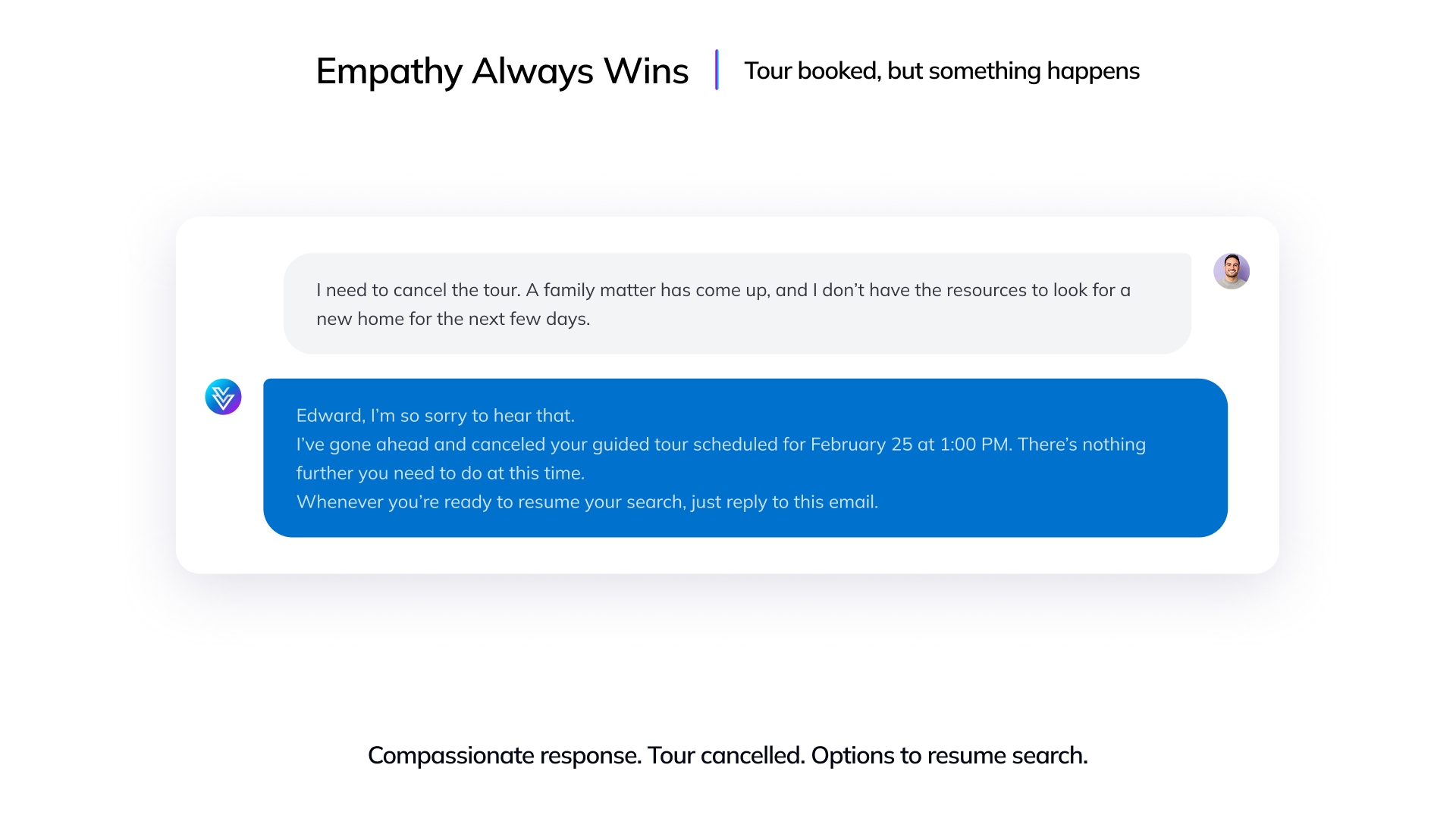 Empathy Always Wins - Tour booked, but something happens. Compassionate response. Tour cancelled. Options to resume search.