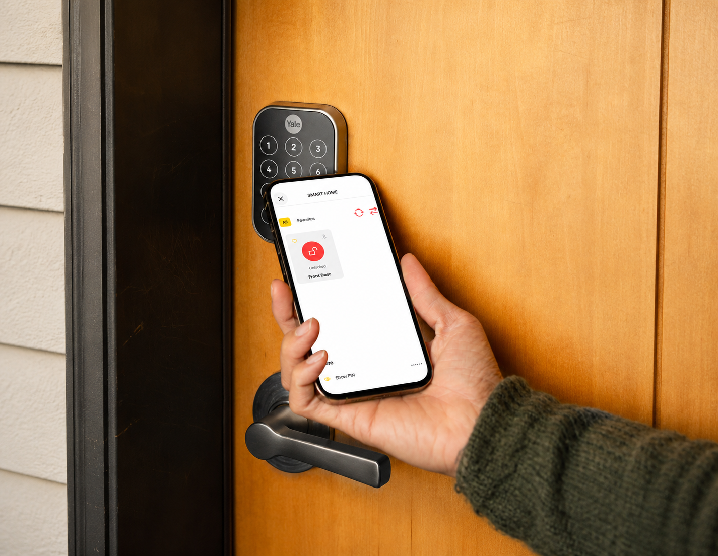Phone with digital key screen held up to door lock
