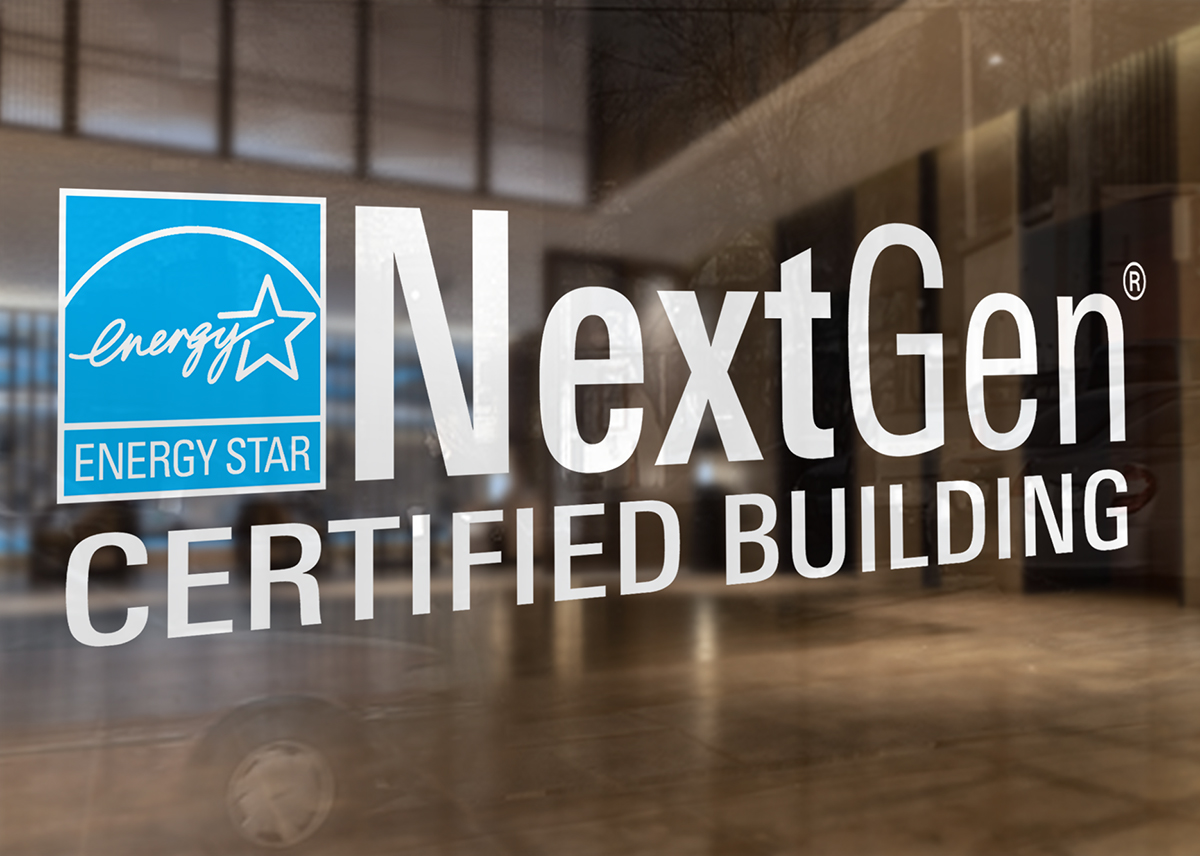NextGen Certified Building decal on glass window.