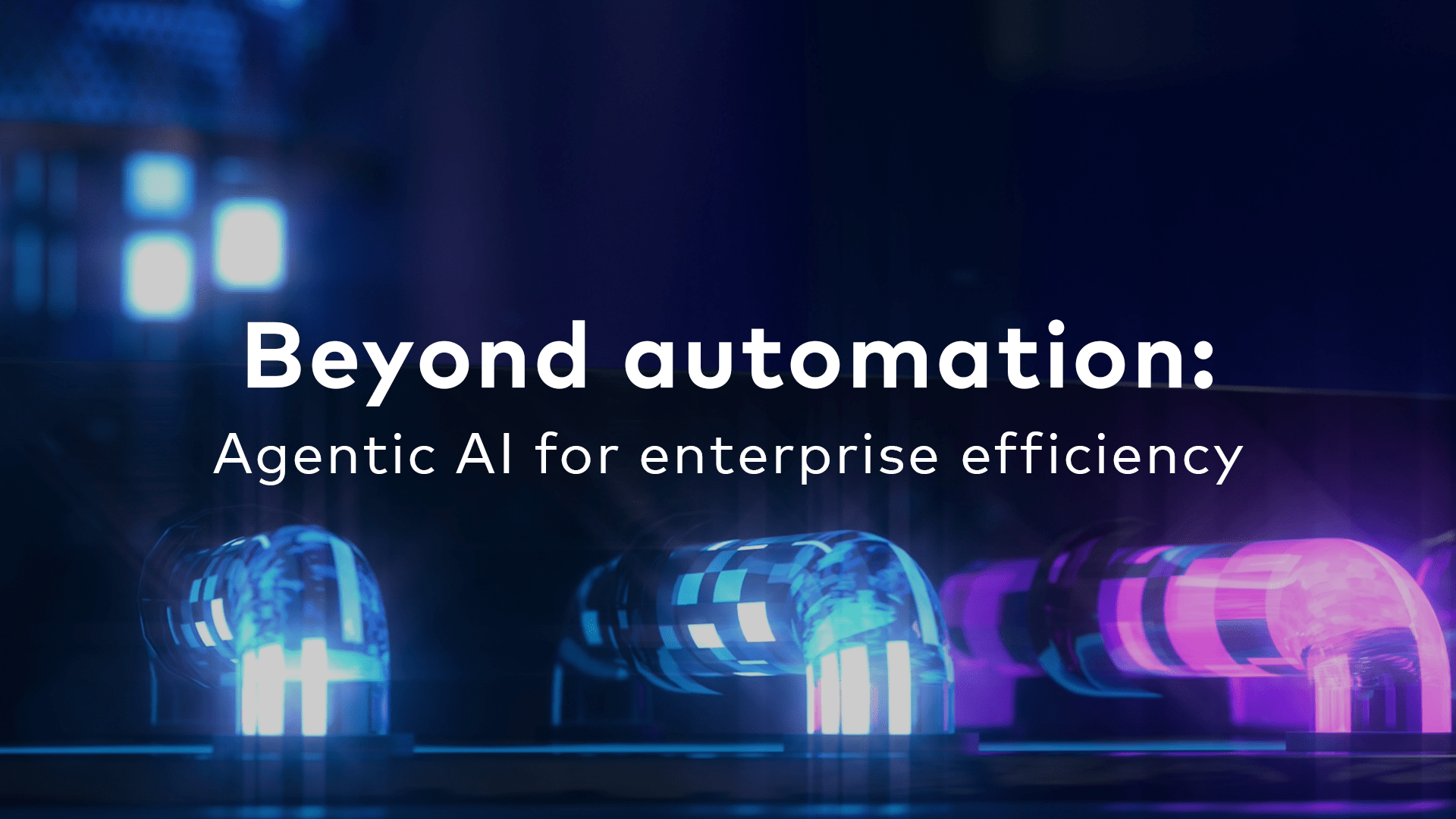 Stylized AI brains glowing in blue and purple light with the text "Beyond Automation: Agentic AI for Enterprise Efficiency"