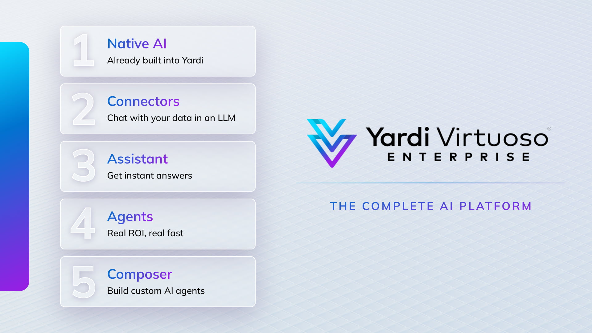Yardi Virtuoso Enterprise capabilities: native AI, data connectors, an assistant, AI agents, and a composer for building custom agents