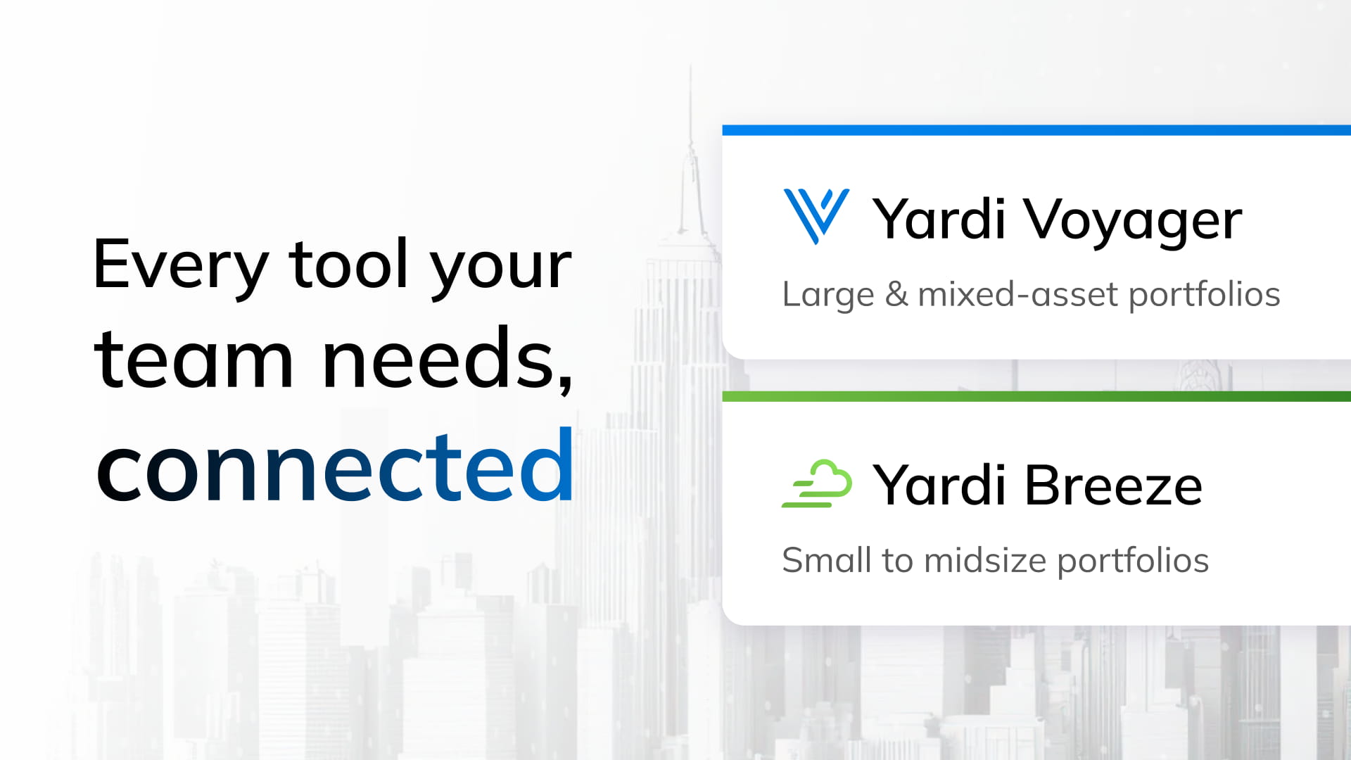 Graphic showing two Yardi product cards — Yardi Voyager for large and mixed-asset portfolios, and Yardi Breeze for small to midsize portfolios