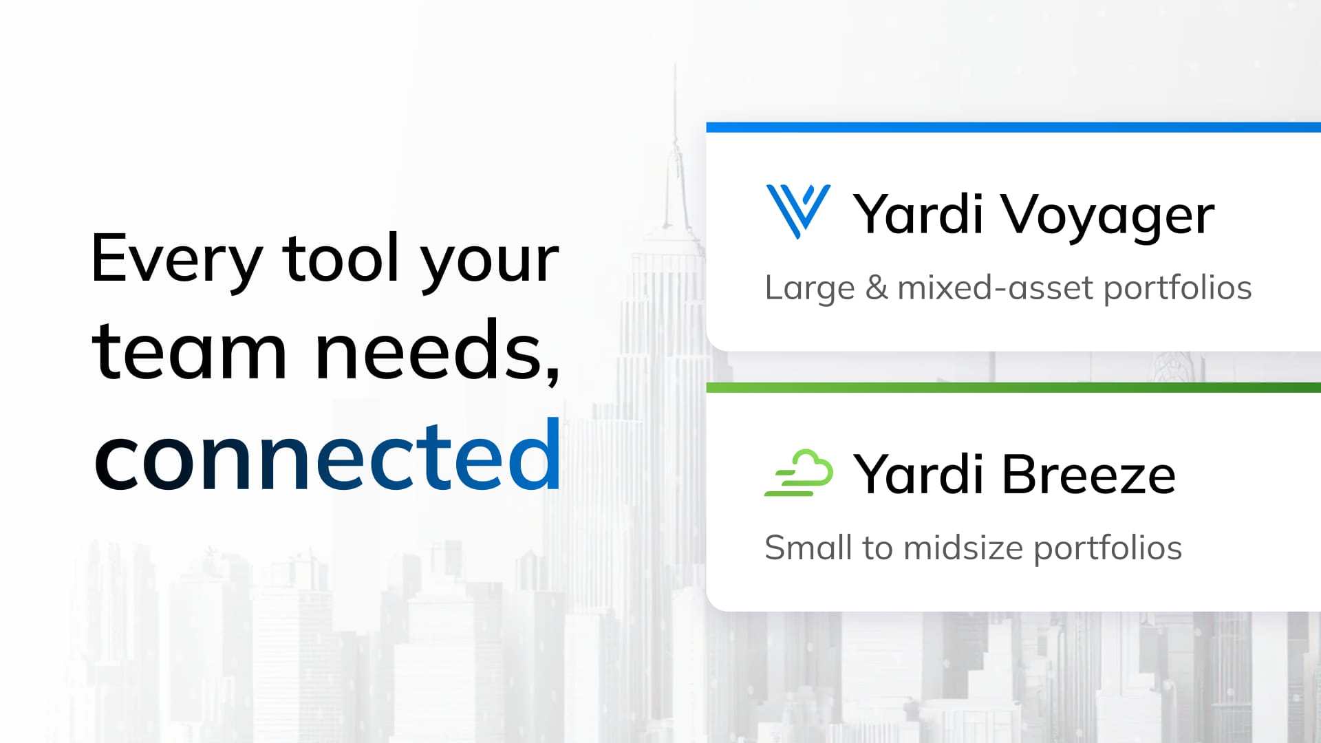 Graphic showing two Yardi product cards — Yardi Voyager for large and mixed-asset portfolios, and Yardi Breeze for small to midsize portfolios