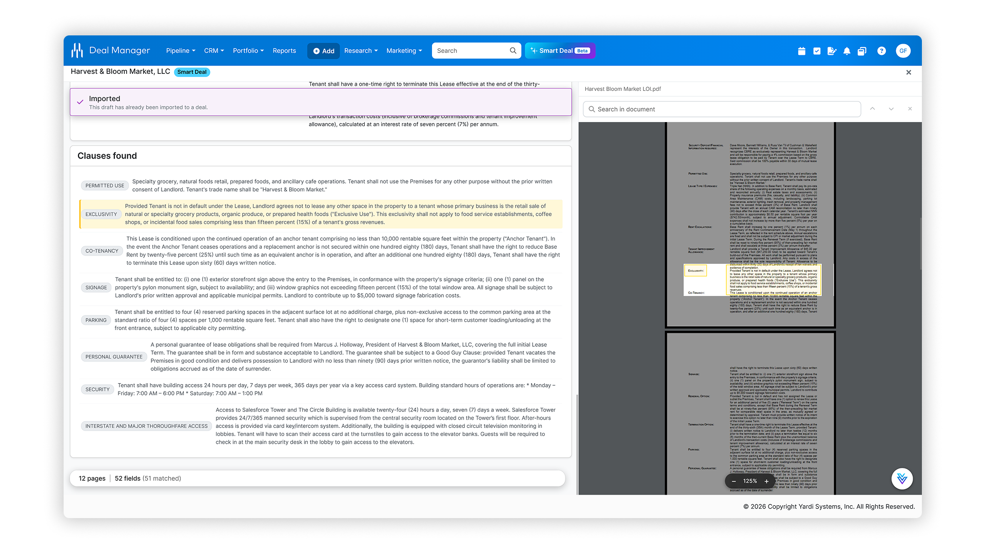 Deal Manager’s Smart Deal screen showing LOI abstraction, with clauses found in a letter of intent listed beside the source PDF