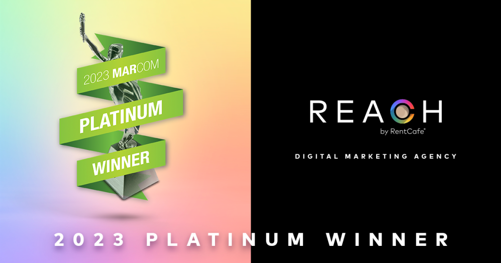 Image announcing 2023 MarCom Platinum Award for the REACH by RentCafe OutREACH News blog