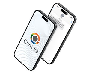 Two smart phones stacked on top of eachother. One has the Chat IQ Logo and the other has a text message conversation open.