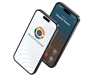 Two smart phones stacked onto one another. One showing the RentCafe Connect logo, the other making an outbound phone call.