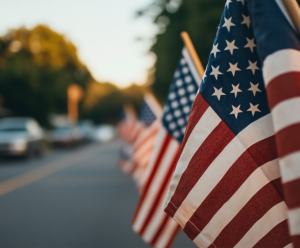 American flags on a street of military housing