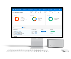 A maintenance management software, Yardi Maintenance IQ, displayed on a desktop monitor