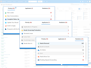 A CRM dashboard showing statuses for prospects, applicants, and residents