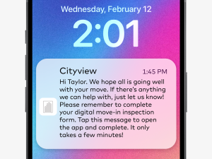A push notification being shown on an iPhone. A resident receives a notification from their apartment that they need to complete an inspection.
