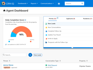 A multifamily CRM dashboard showing a leasing agent's daily tasks