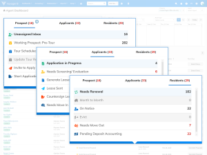 A dashboard element showing prospects, applicants, and residents in a Yardi's property management software, Voyager 8