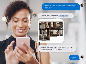 A text exchange between a prospect and Chat IQ. The prospect inquires about floor plans and Chat IQ delivers images.
