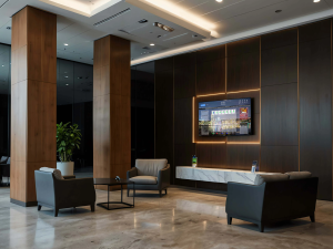 A marquee display being shown on a TV in an apartment lobby.