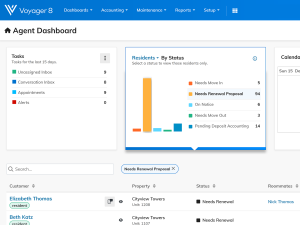 An agent dashboard with tasks for a leasing agent on Voyager 8