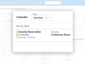 A pop-up notification showing an amenity reservation on Yardi Concierge IQ