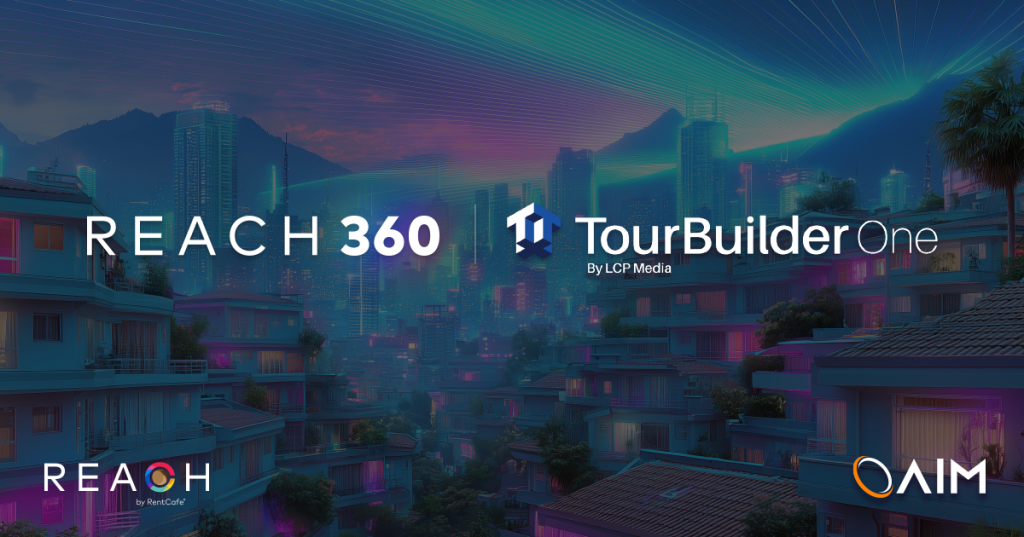 Introducing REACH 360 and TourBuilder One at AIM presented by RentCafe, brand logos against a futuristic cityscape background