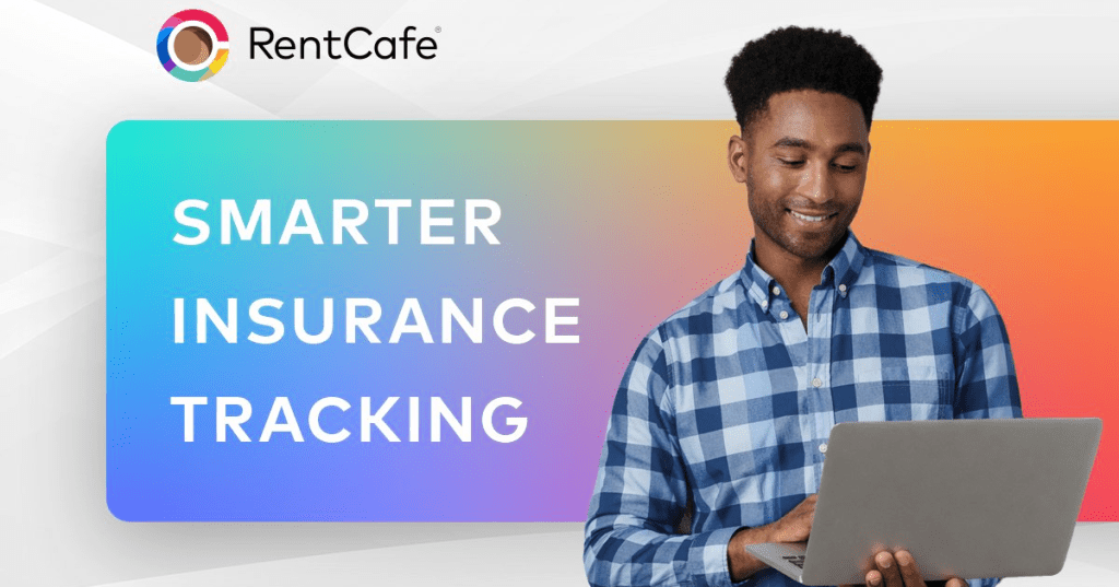 RentCafe promotional image with a man using a laptop next to text that reads ‘Smarter Insurance Tracking’