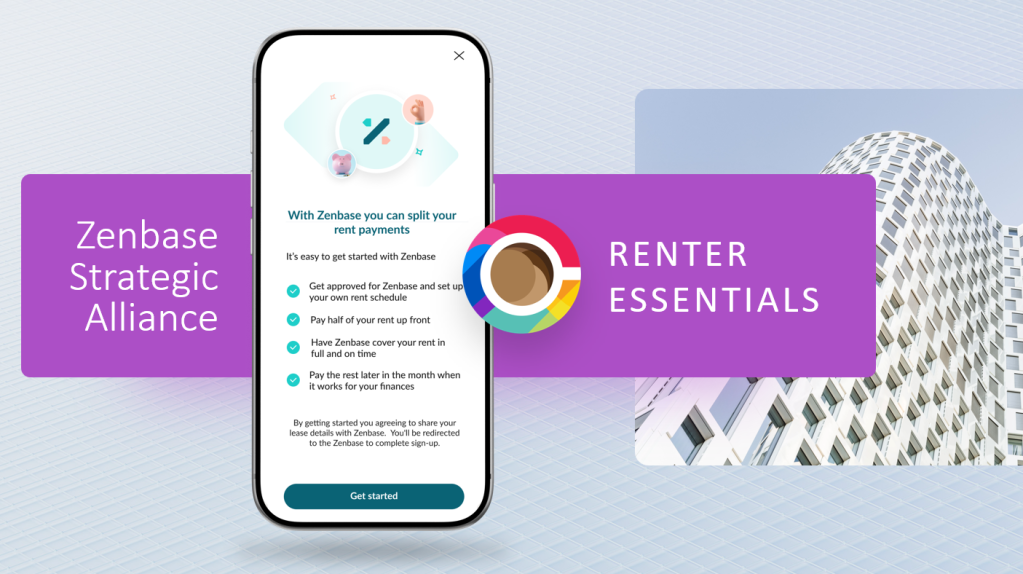 Promotional graphic showing a smartphone with the Zenbase rent-splitting interface alongside the RentCafe logo and text reading 'Zenbase Strategic Alliance' and 'Renter Essentials.