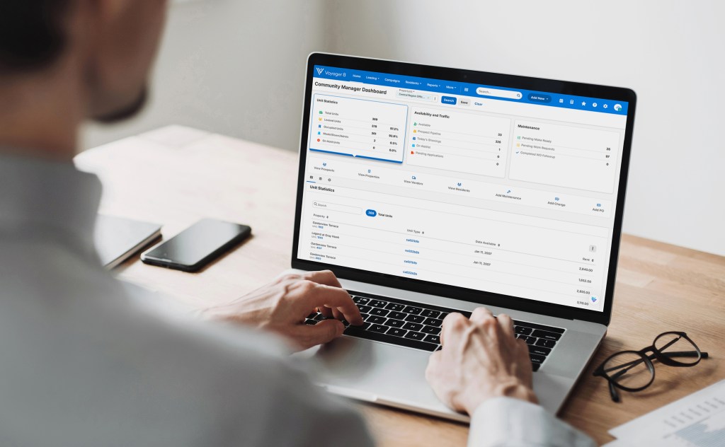 Property manager reviewing unit statistics, availability and maintenance data in the Yardi Voyager community manager dashboard