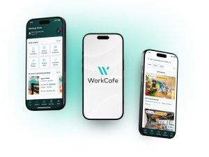 Three smartphones showing the WorkCafe app home screen, logo splash screen, and coworking space search results.