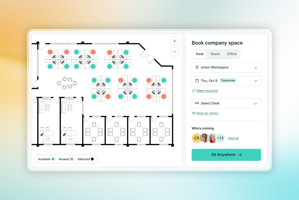 Interactive WorkCafe office floor plan showing available and booked desks next to a desk booking panel
